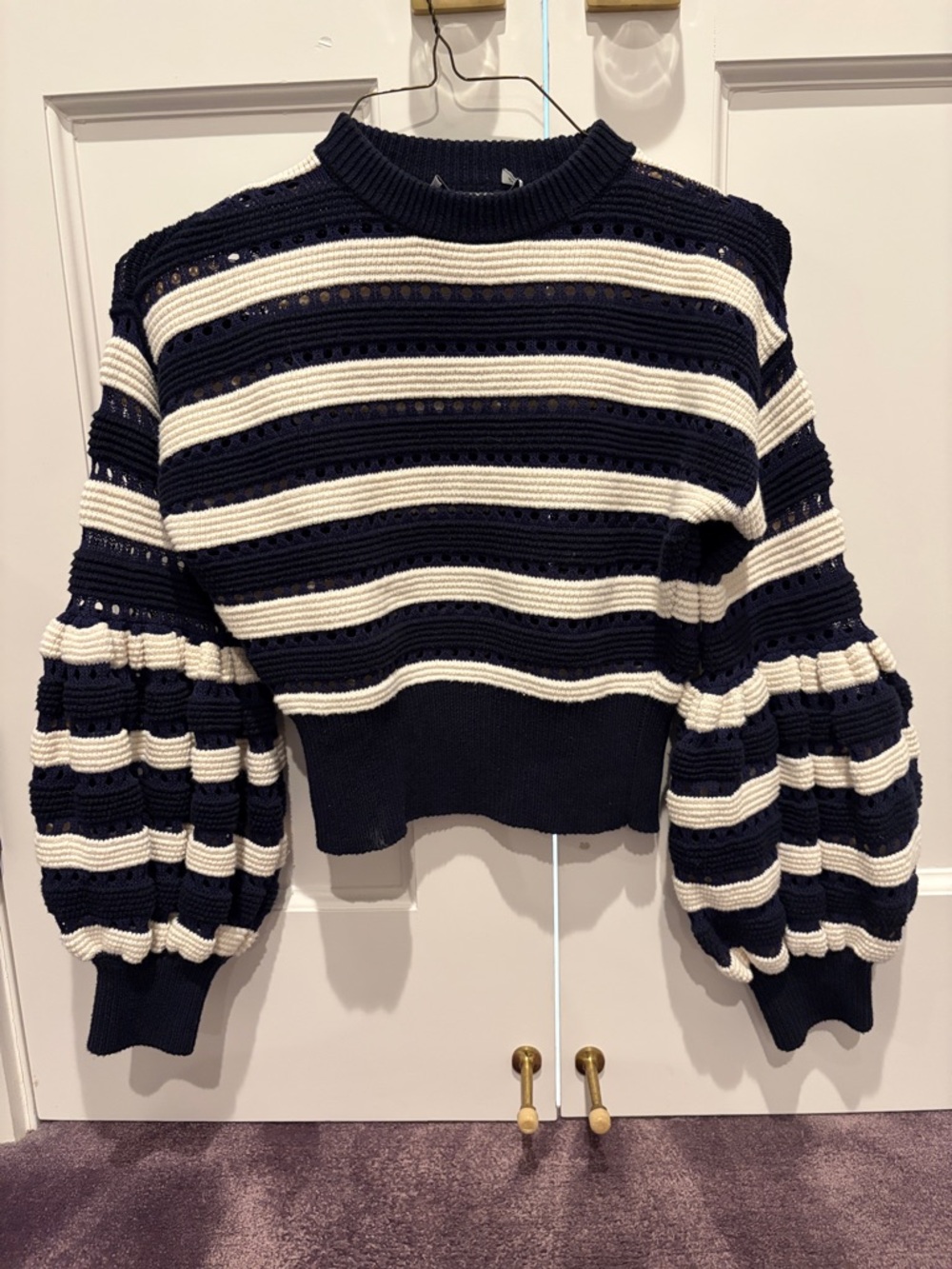 Self-Portrait Navy & Cream Striped Puff-Sleeve Knit Sweater